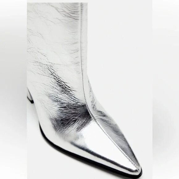 ZARA 100% LEATHER METALLIC HEELED KNEE HIGH BOOTS - Picture 7 of 13